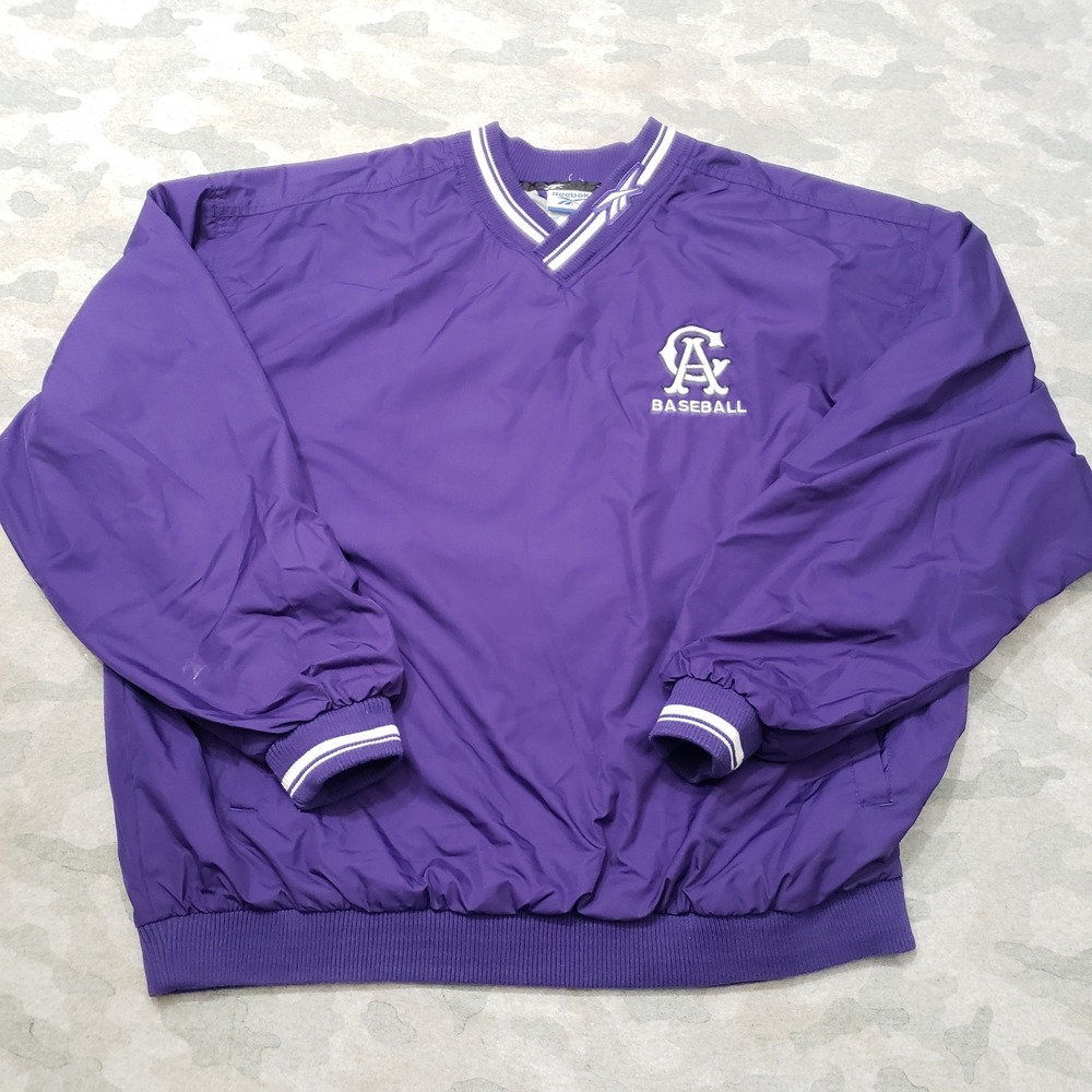 VTG Reebok Baseball Jacket Men Large Purple V-Neck Pullover Warmup Windbreaker